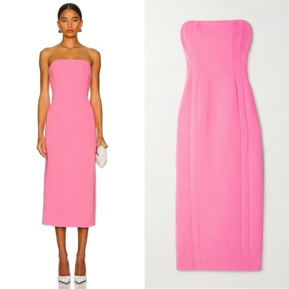 ALC Strapless Bubblegum Pink Crepe Cady Back Slit Fitted Sheath Midi Dress 4 - Picture 11 of 11